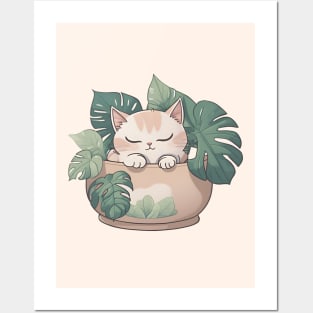 Cute Sleeping Kawaii Cat in Plant Pot Posters and Art